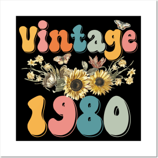 Vintage 1980 Sunflower Floral Retro Groovy 43rd Birthday Posters and Art